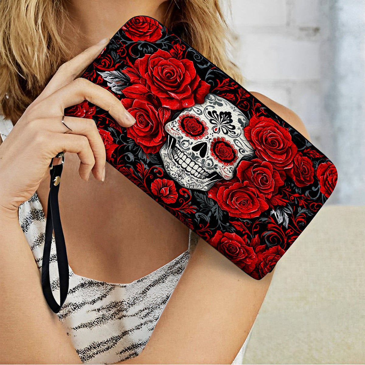  Leather Clutch Purse With Wristlet Strap Handle Elegant Red Roses Skull