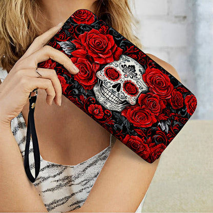  Leather Clutch Purse With Wristlet Strap Handle Elegant Red Roses Skull