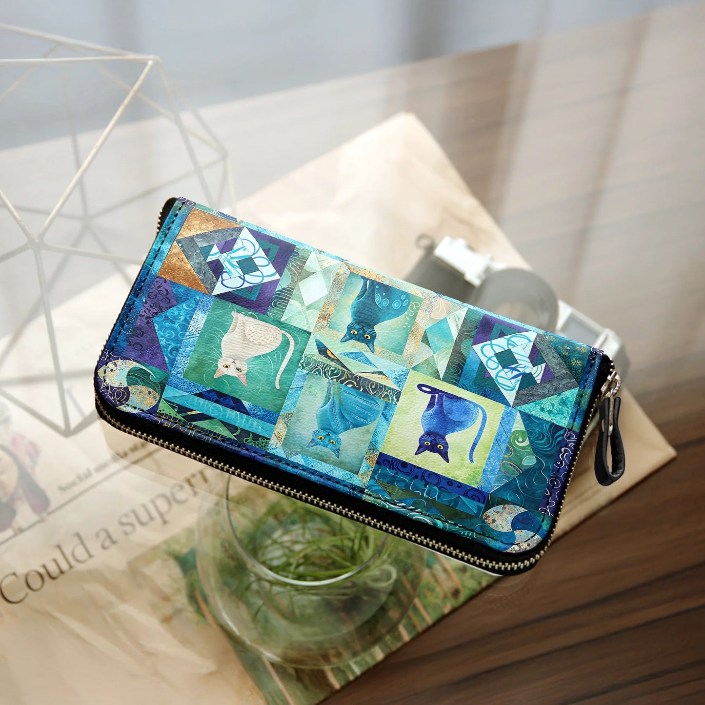  Leather Clutch Purse With Wristlet Strap Handle Mystic Cat