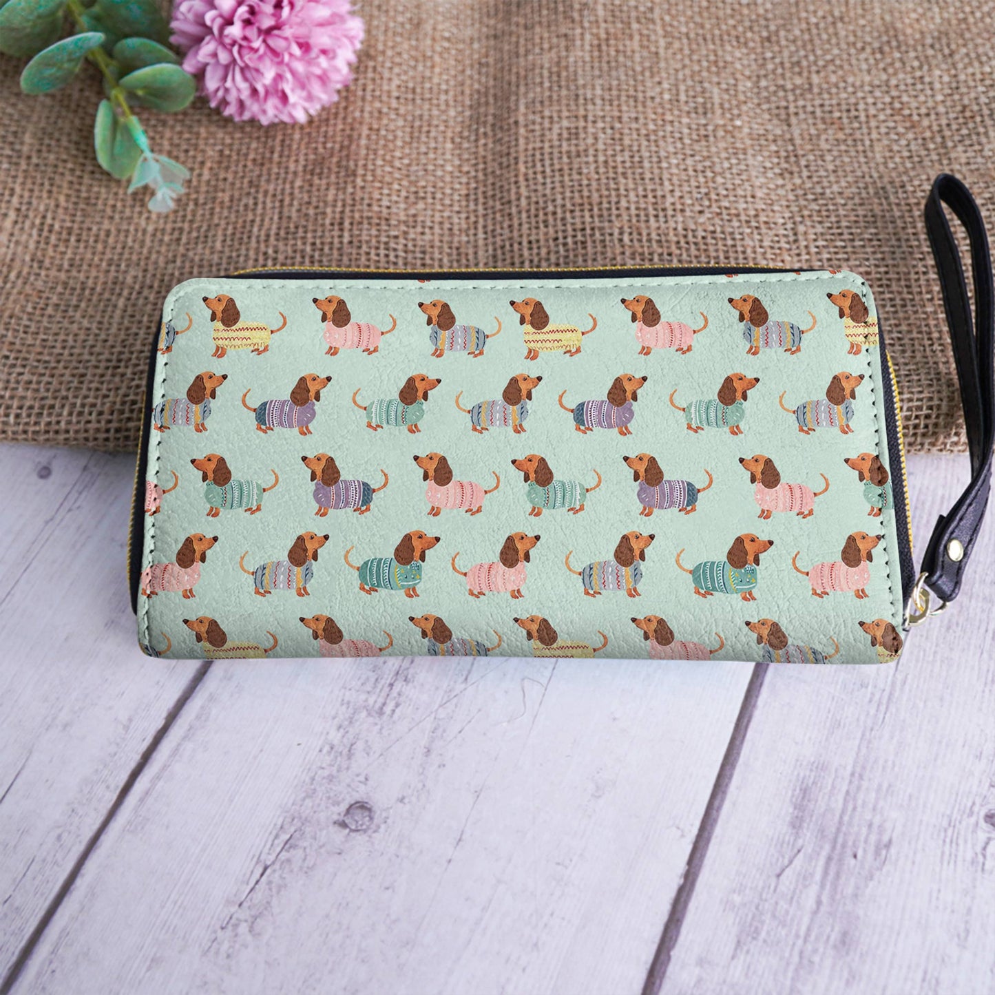  Leather Clutch Purse With Wristlet Strap Handle Colorful Dachshunds Ver2