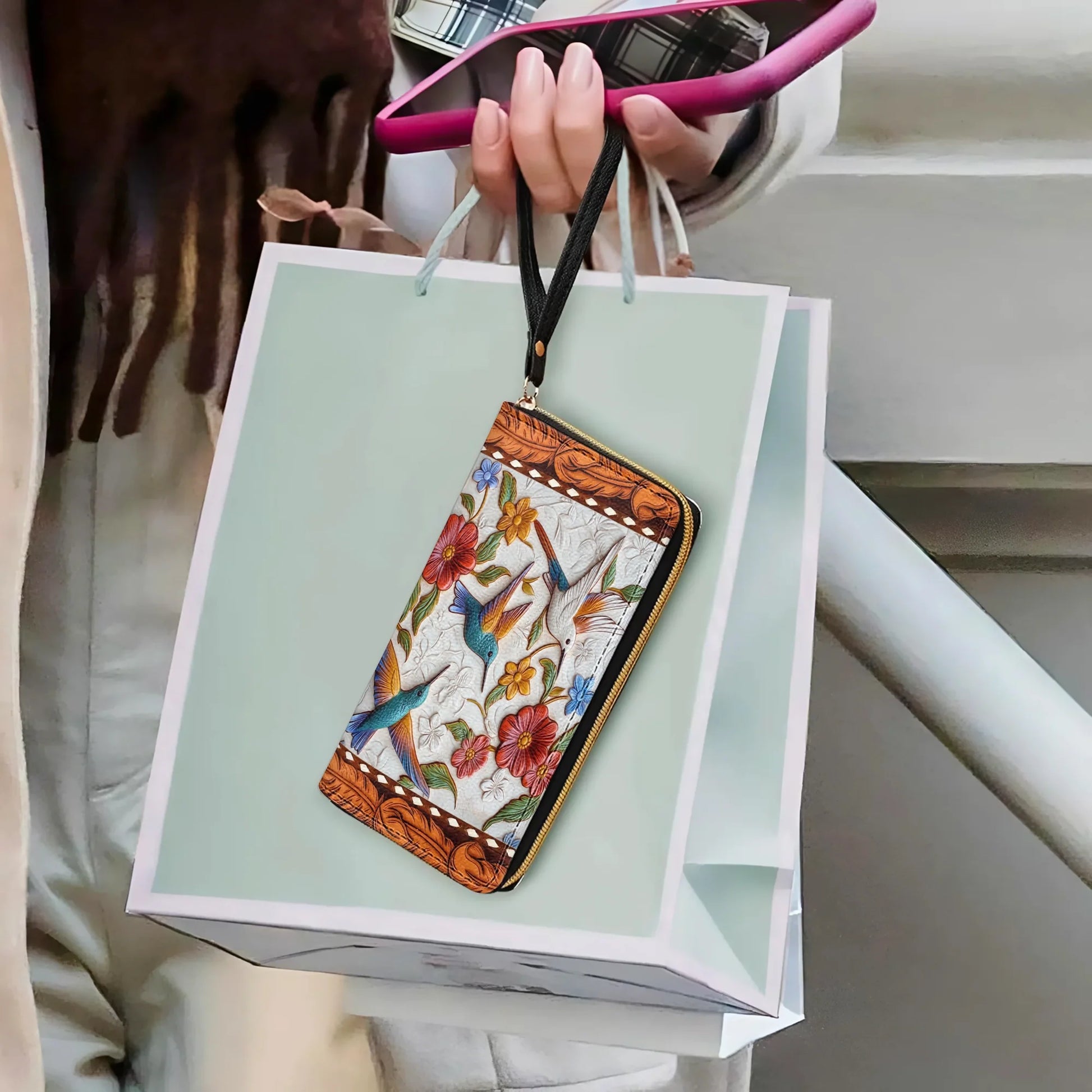  Leather Clutch Purse With Wristlet Strap Handle Hummingbird Blossom Flight