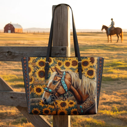  Golden Horse & Sun Leather Tote Bag