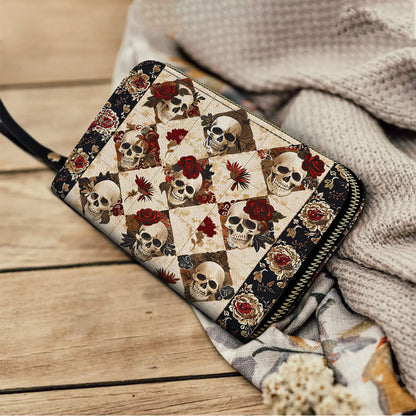 Leather Clutch Purse With Wristlet Strap Handle Charming Skull Roses