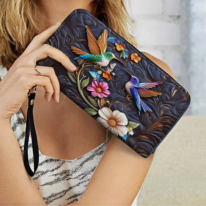  Leather Clutch Purse With Wristlet Strap Handle Hummingbird Dream