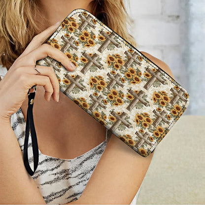  Leather Clutch Purse With Wristlet Strap Handle Rustic Sunflower Cross