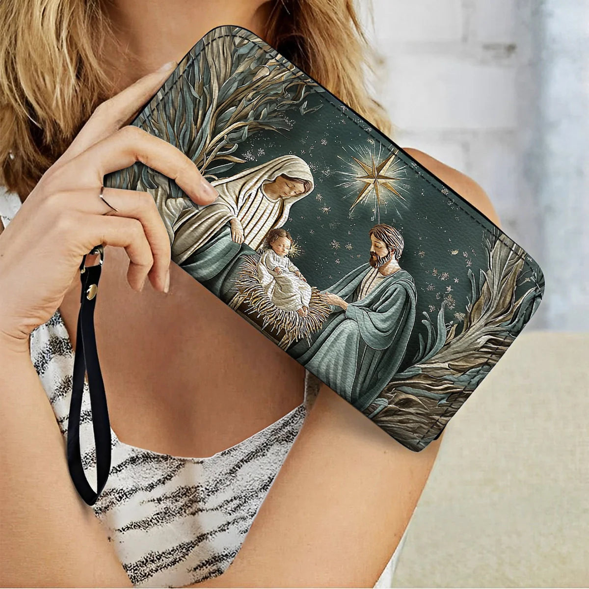  Leather Clutch Purse With Wristlet Strap Handle Divine Silent Night Nativity