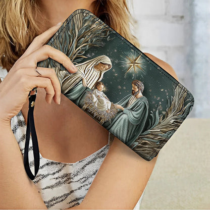  Leather Clutch Purse With Wristlet Strap Handle Divine Silent Night Nativity