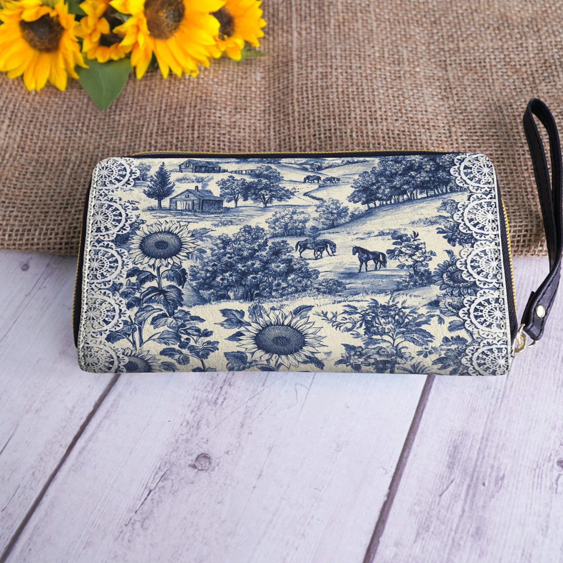  Leather Clutch Purse With Wristlet Strap Handle Texas Countryside Bloom
