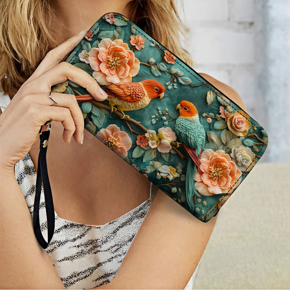  Leather Clutch Purse With Wristlet Strap Handle Whispering Lovebirds