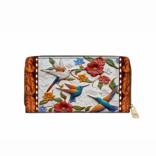  Leather Clutch Purse With Wristlet Strap Handle Hummingbird Blossom Flight