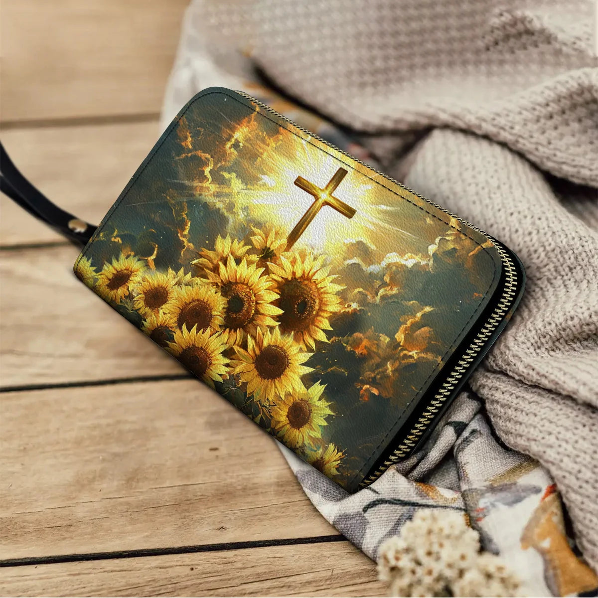  Leather Clutch Purse With Wristlet Strap Handle Sunflower Faith Light