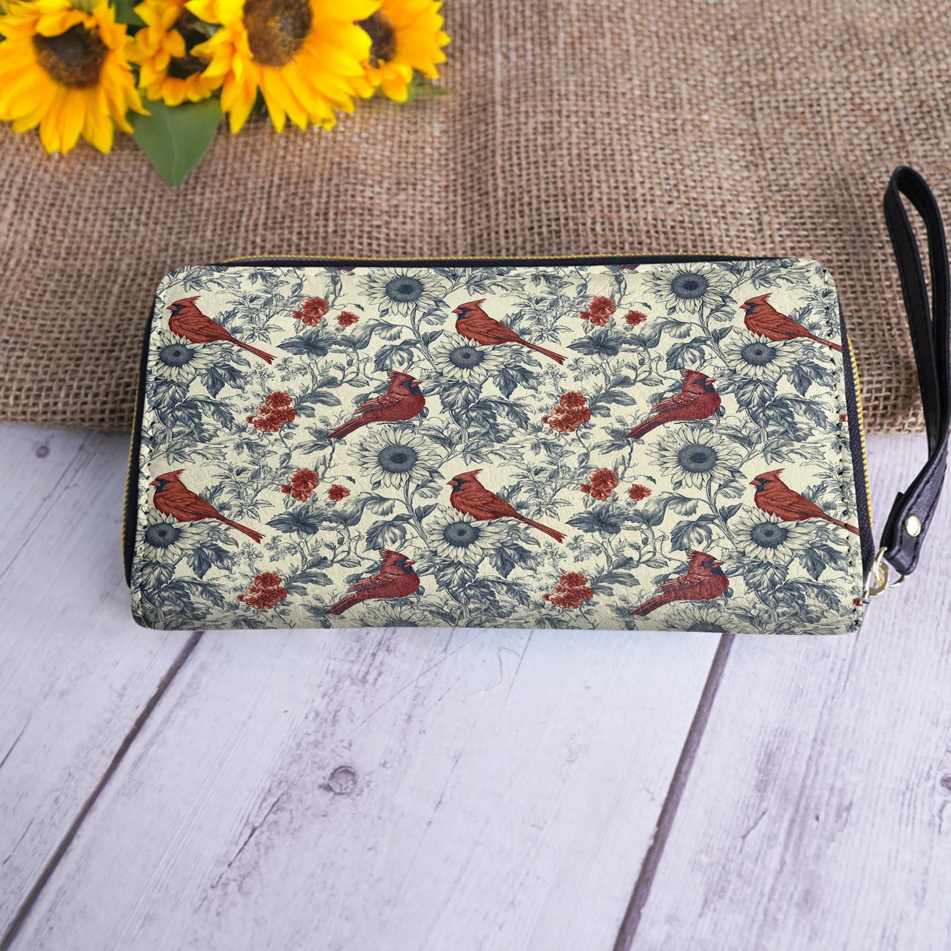  Leather Clutch Purse With Wristlet Strap Handle Whisper Sunflower - A Gentle Remembrance