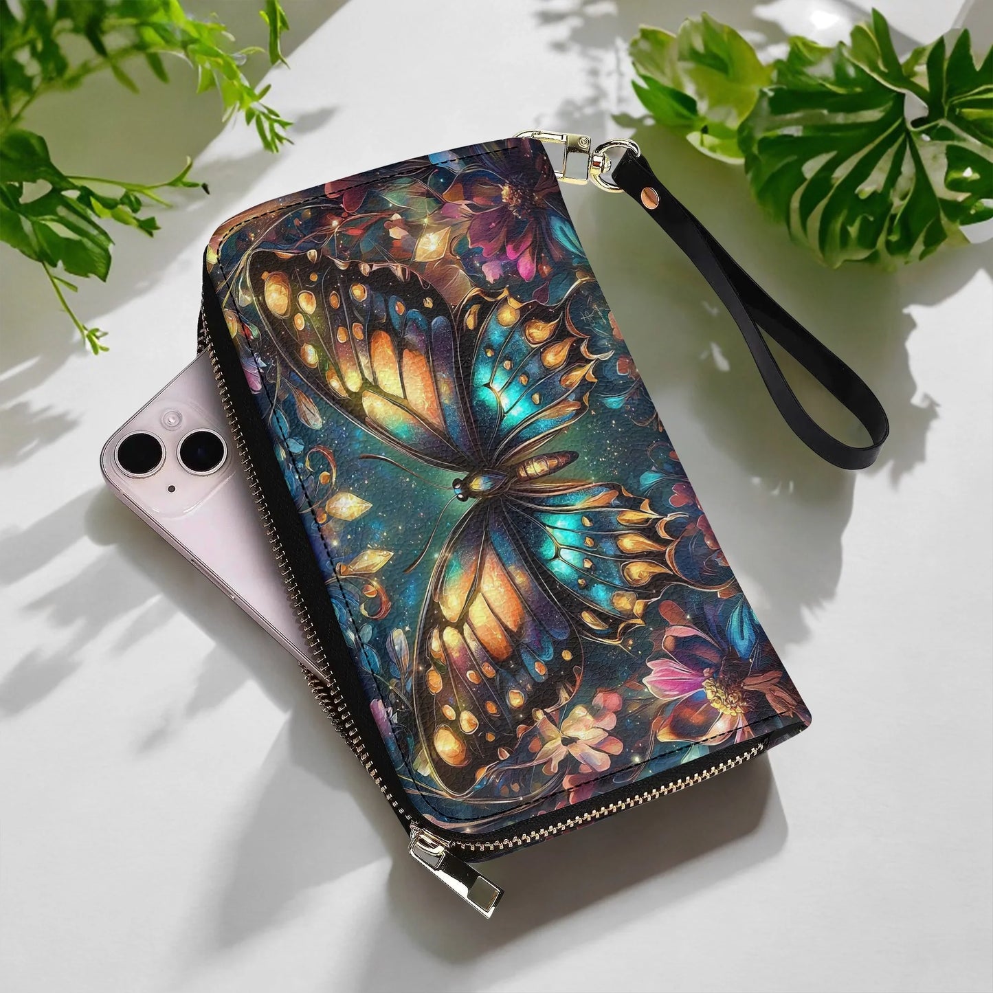  Leather Clutch Purse With Wristlet Strap Handle Butterfly Twilight Glow