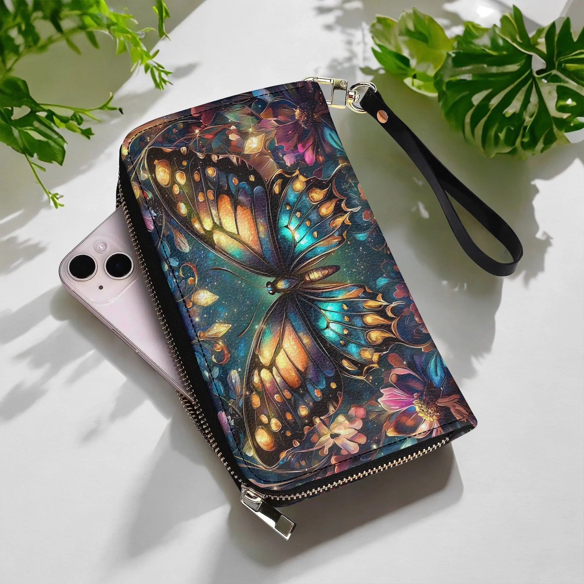  Leather Clutch Purse With Wristlet Strap Handle Butterfly Twilight Glow