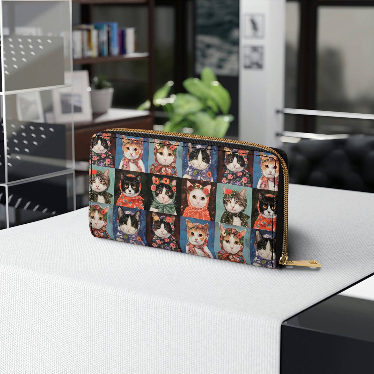  Leather Clutch Purse With Wristlet Strap Handle Vintage Cats