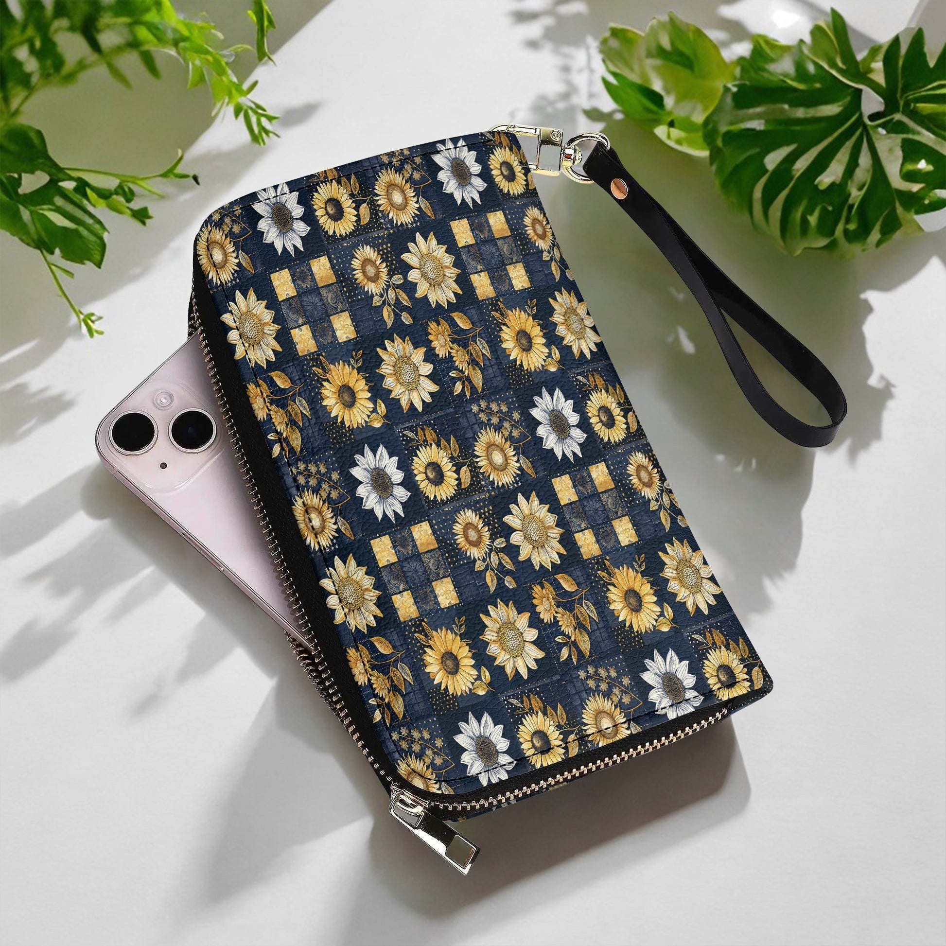  Leather Clutch Purse With Wristlet Strap Handle Inelegance Sunflowers