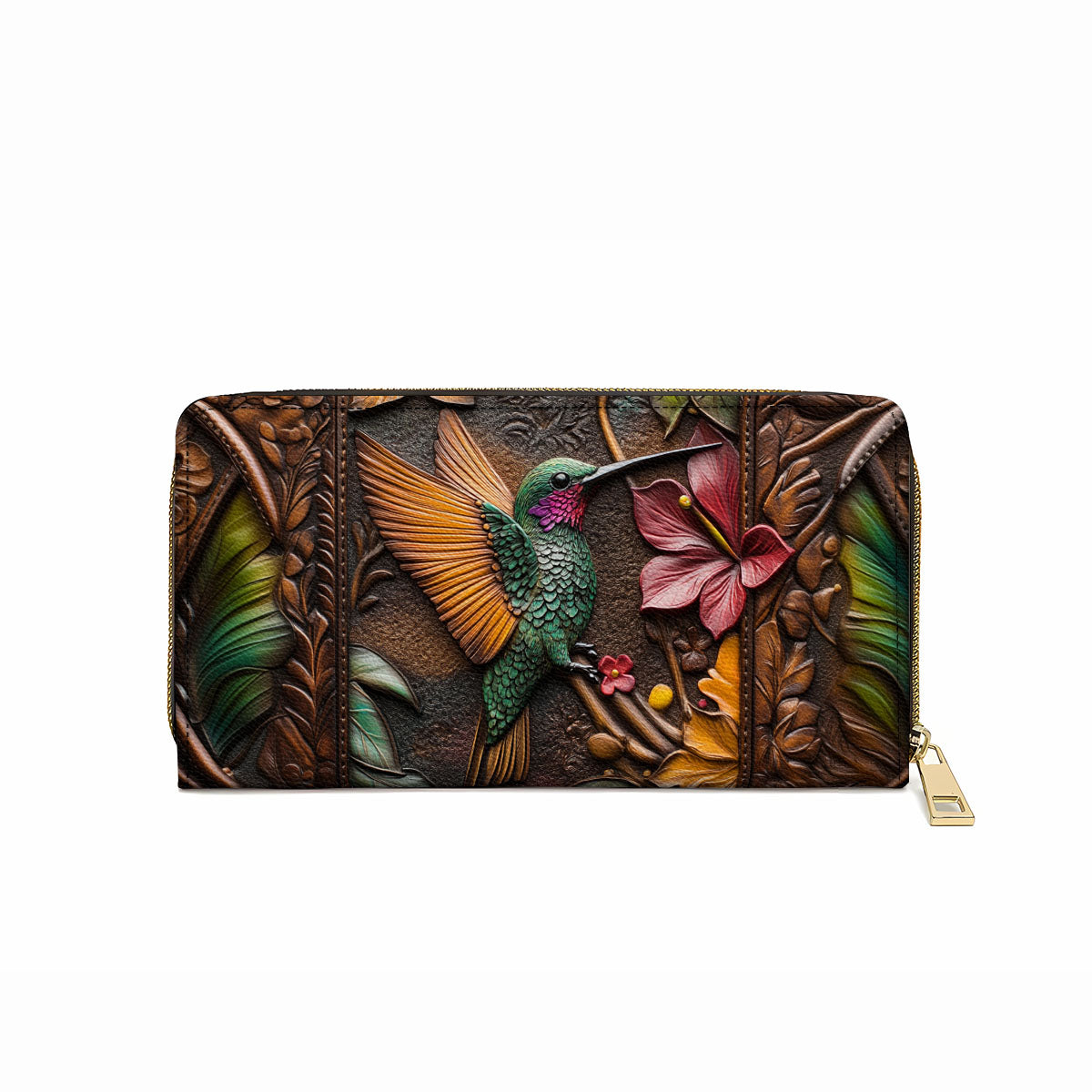  Leather Clutch Purse With Wristlet Strap Handle Embossed Hummingbird