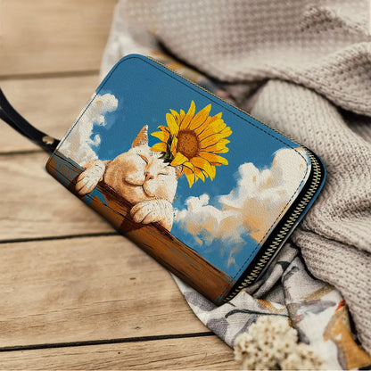  Leather Clutch Purse With Wristlet Strap Handle Relaxing Cat