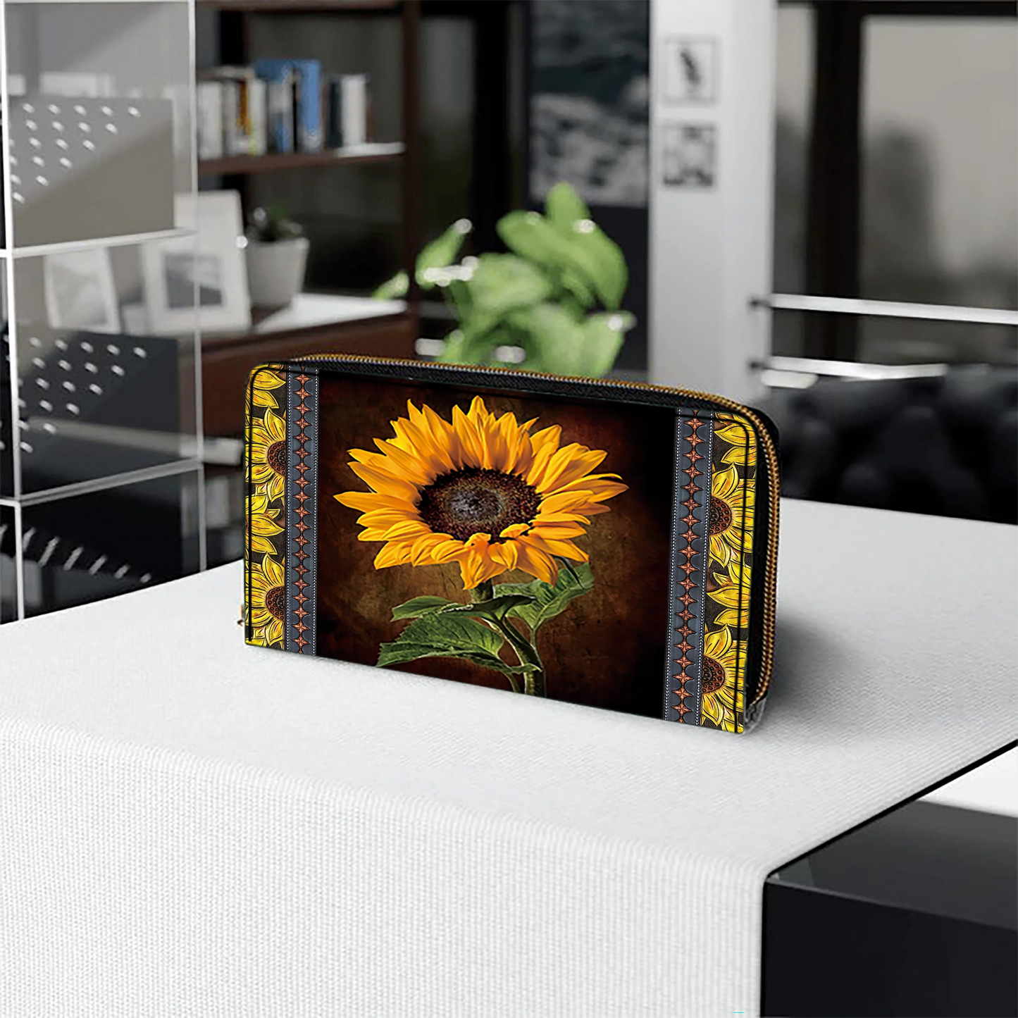  Sunflower Faith Hope Leather Clutch Purse With Wristlet Strap Handle