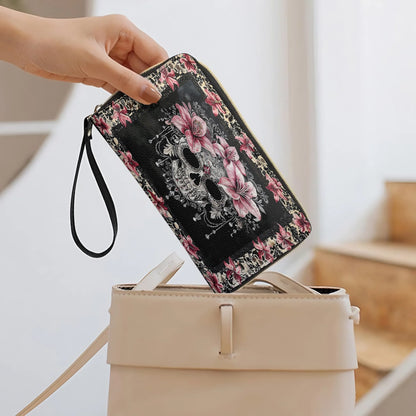  Leather Clutch Purse With Wristlet Strap Handle Beautiful Sugar Skull With Lilies