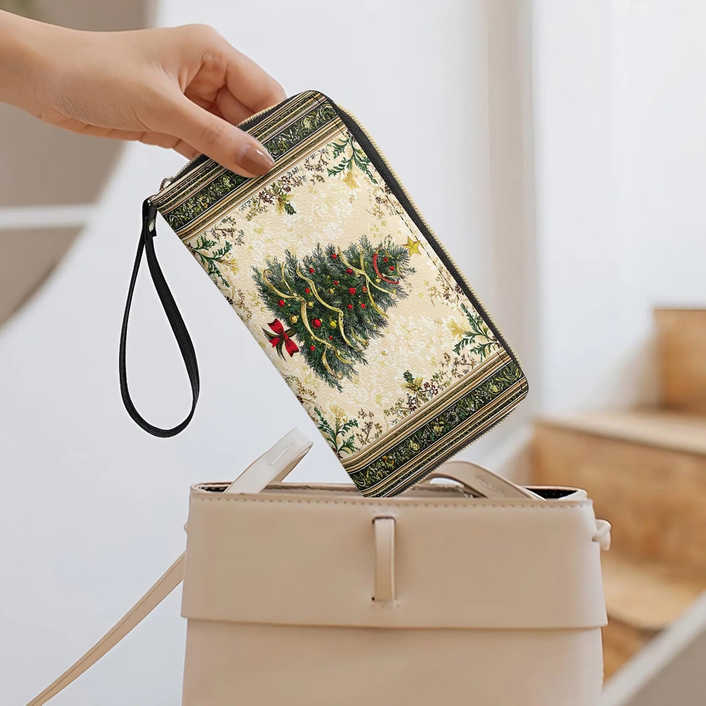 Leather Clutch Purse With Wristlet Strap Handle Classic Christmas Tree