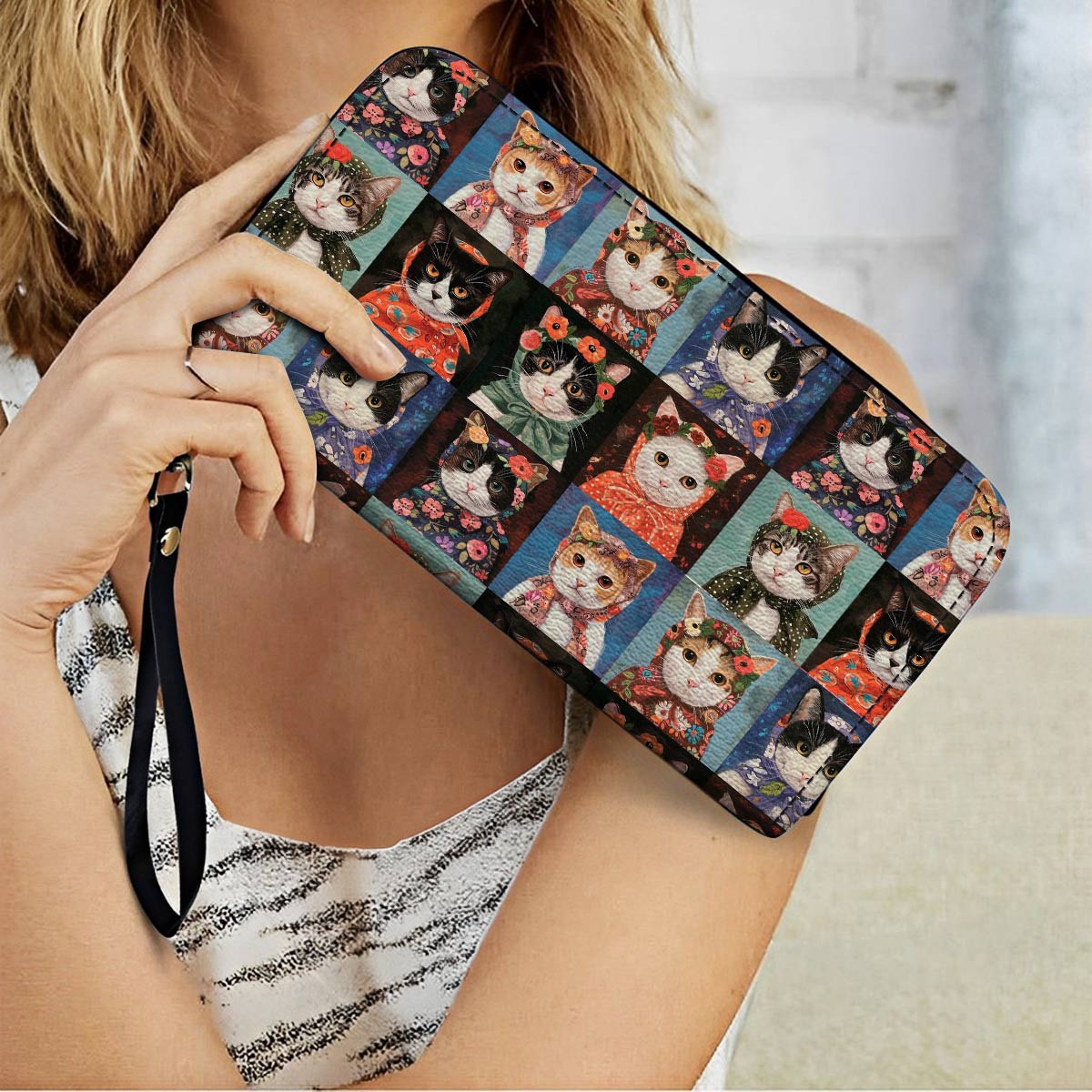  Leather Clutch Purse With Wristlet Strap Handle Vintage Cats