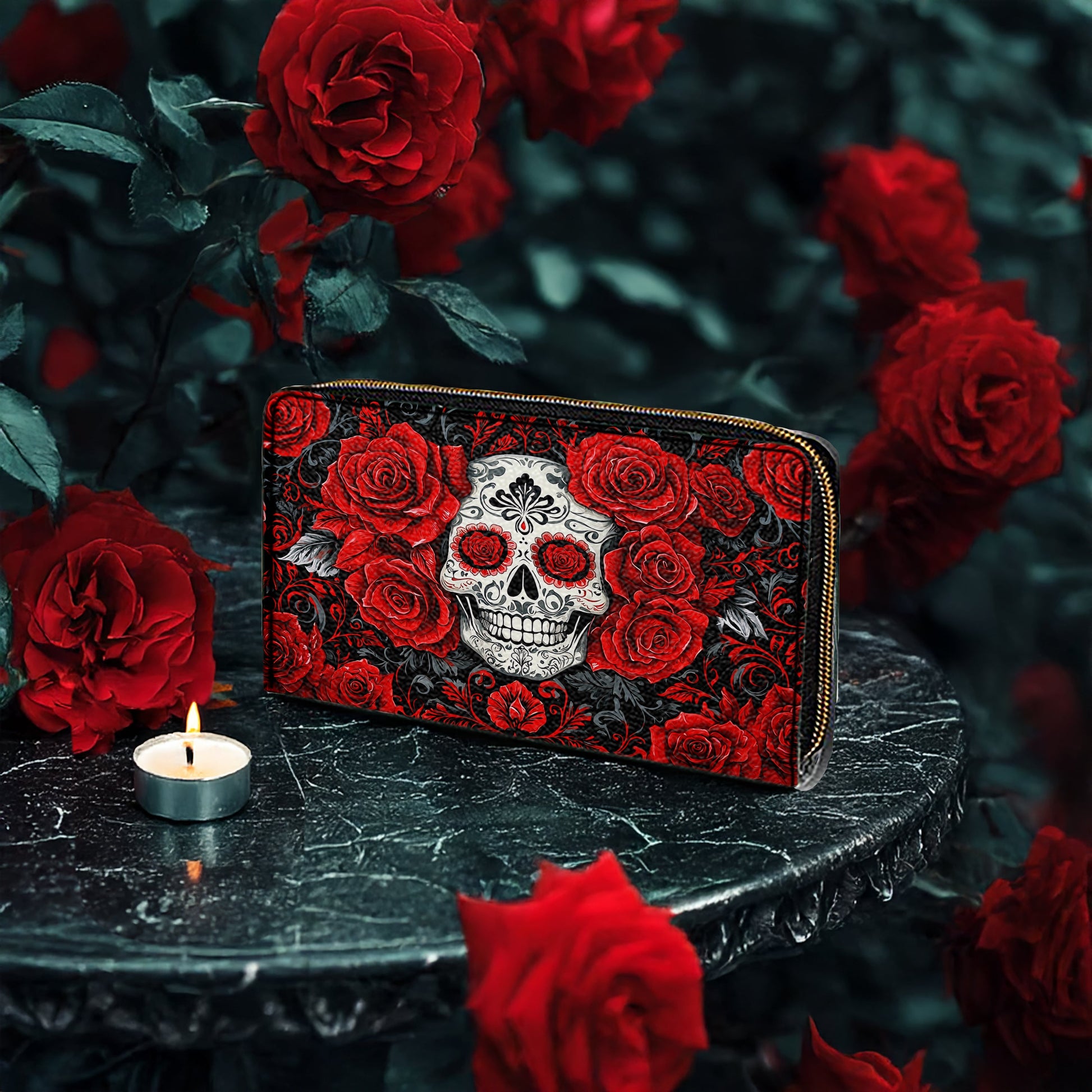  Leather Clutch Purse With Wristlet Strap Handle Elegant Red Roses Skull