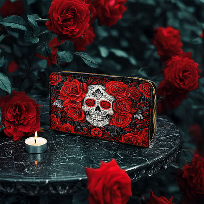  Leather Clutch Purse With Wristlet Strap Handle Elegant Red Roses Skull