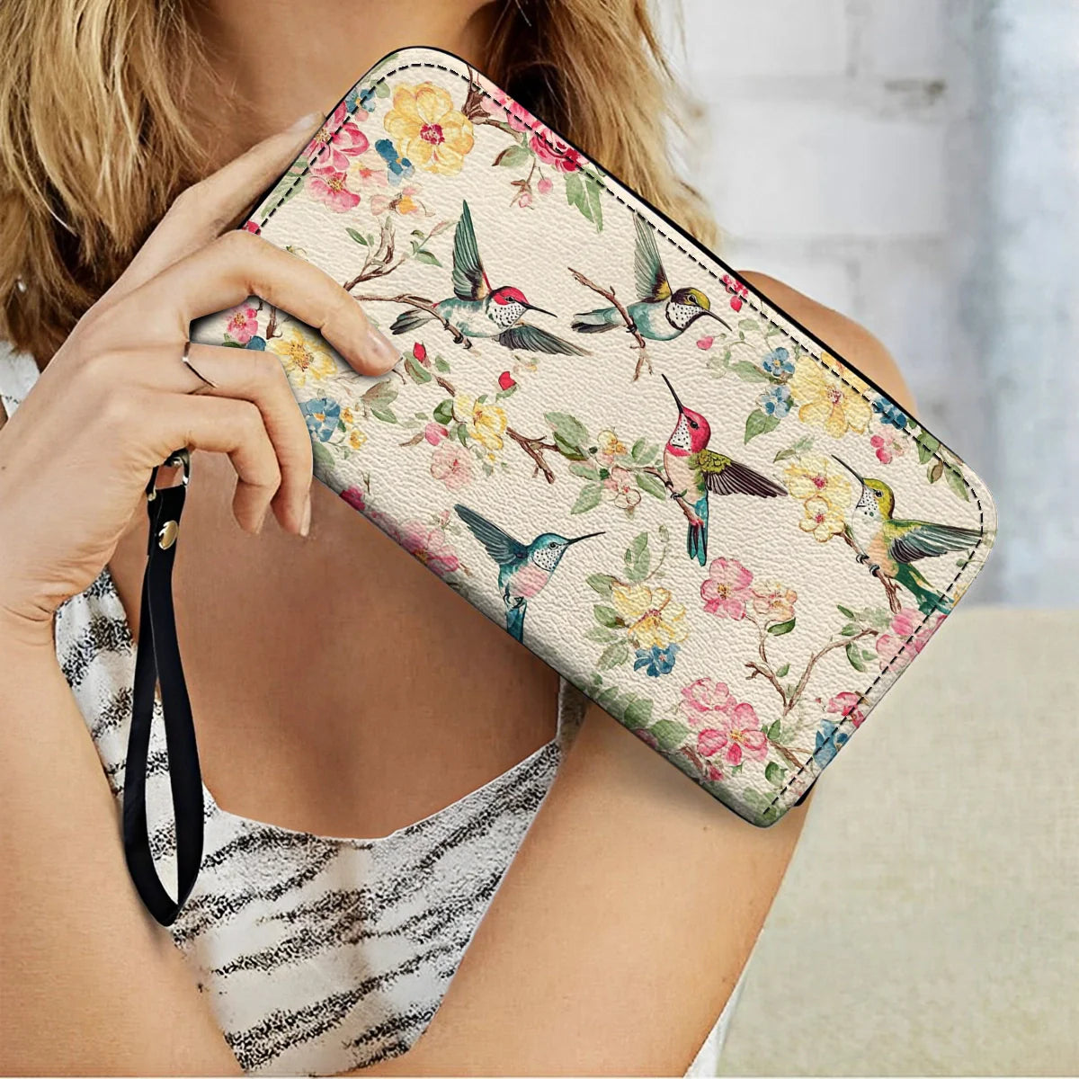  Leather Clutch Purse With Wristlet Strap Handle Hummingbird Symphony