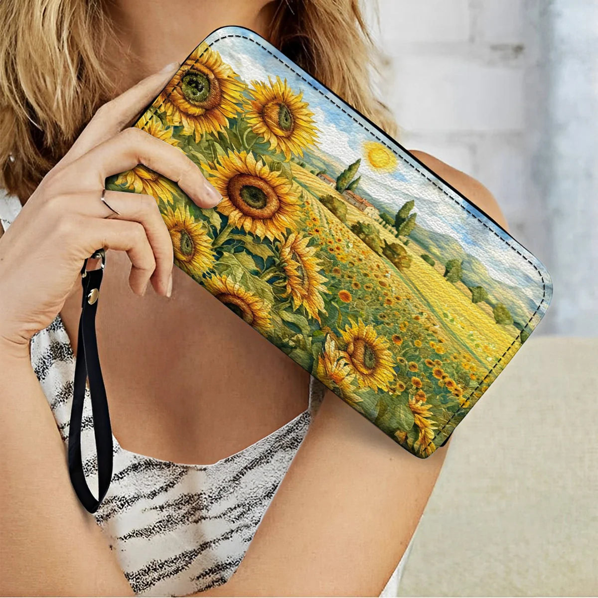  Leather Clutch Purse With Wristlet Strap Handle Sunflower Countryside Charm