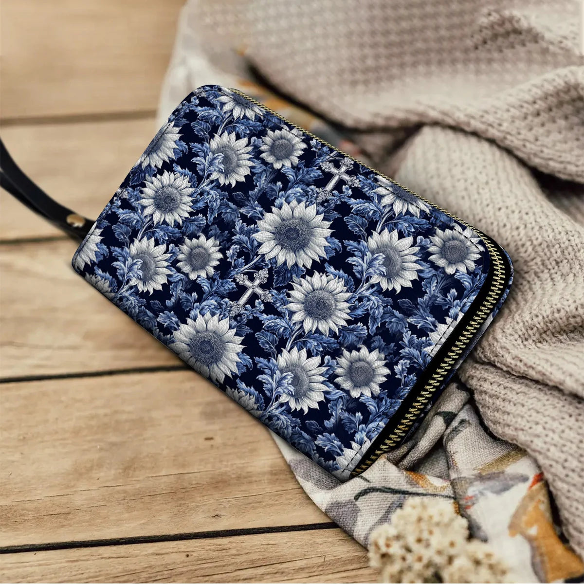  Leather Clutch Purse With Wristlet Strap Handle Midnight Blue Sunflower Cross