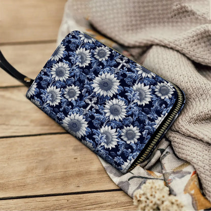  Leather Clutch Purse With Wristlet Strap Handle Midnight Blue Sunflower Cross