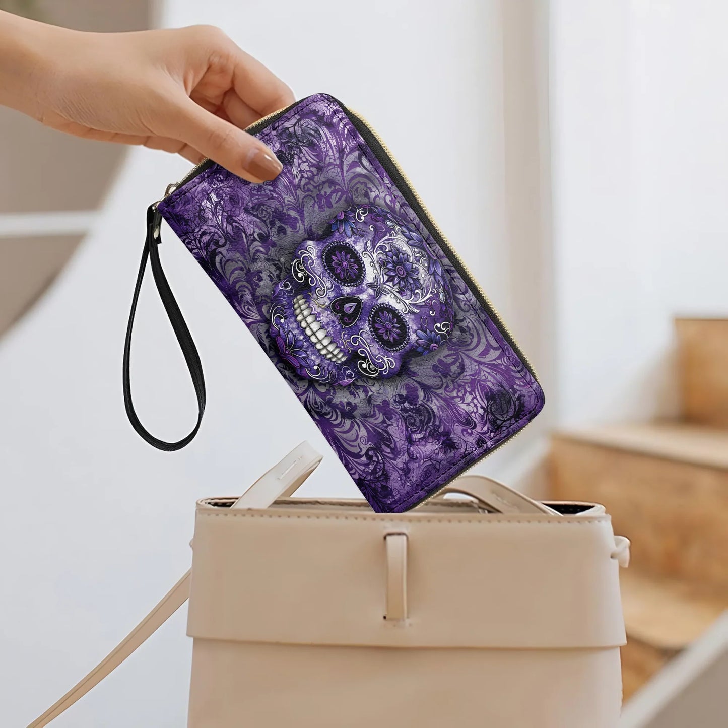  Leather Clutch Purse With Wristlet Strap Handle Gorgeous Mandala Skull