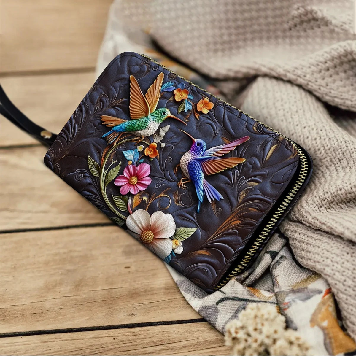  Leather Clutch Purse With Wristlet Strap Handle Hummingbird Dream