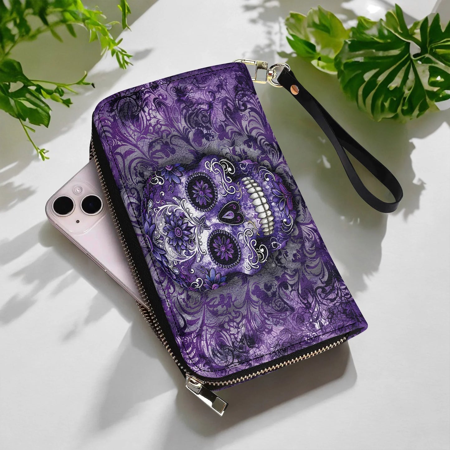  Leather Clutch Purse With Wristlet Strap Handle Gorgeous Mandala Skull