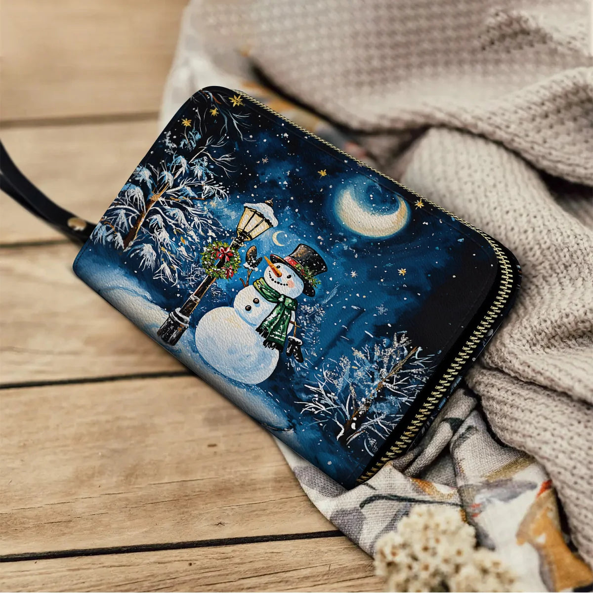  Leather Clutch Purse With Wristlet Strap Handle Frosty Night