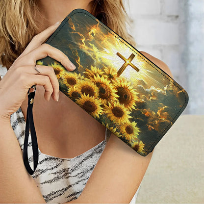  Leather Clutch Purse With Wristlet Strap Handle Sunflower Faith Light