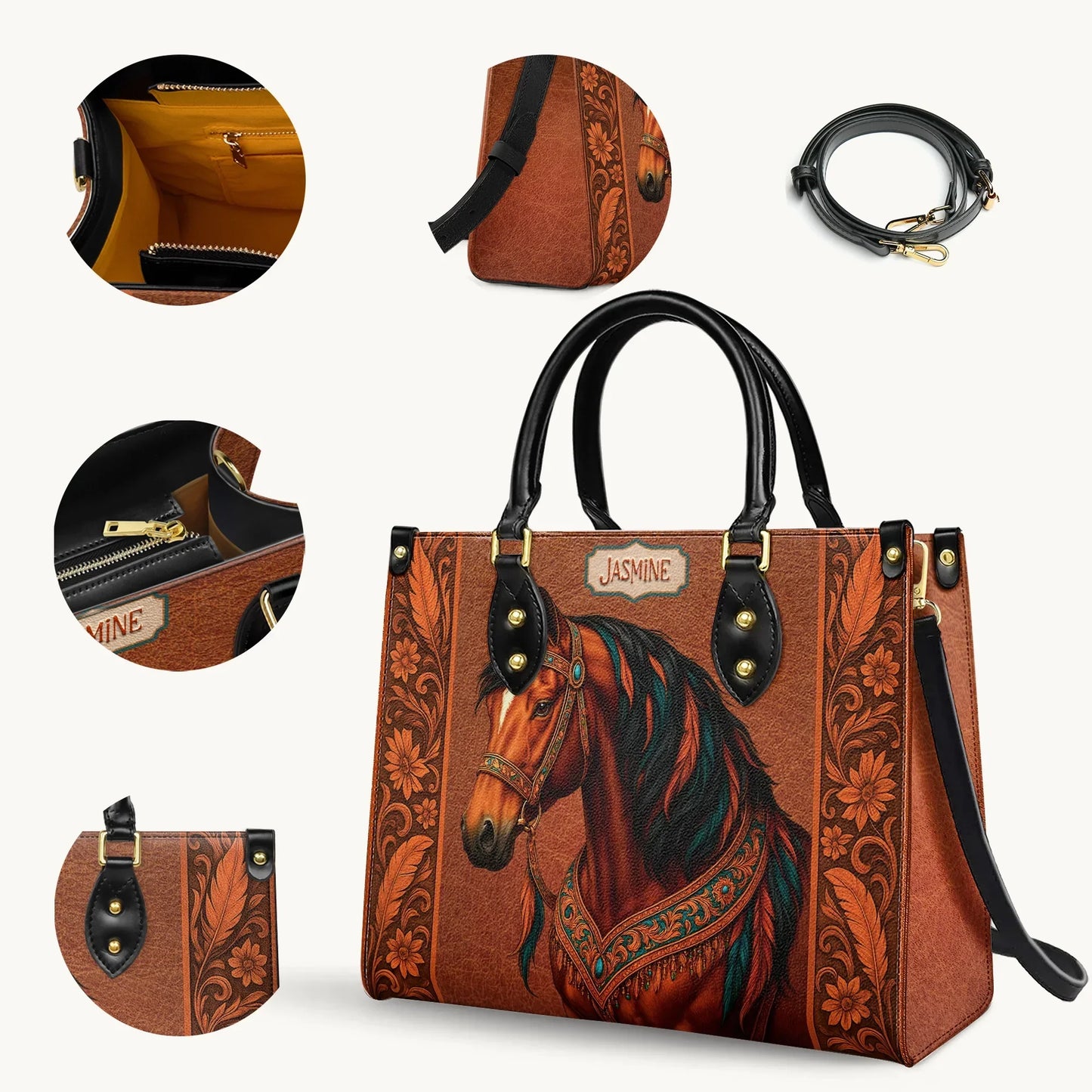  Personalized Regal Horse Bloom Leather Bag