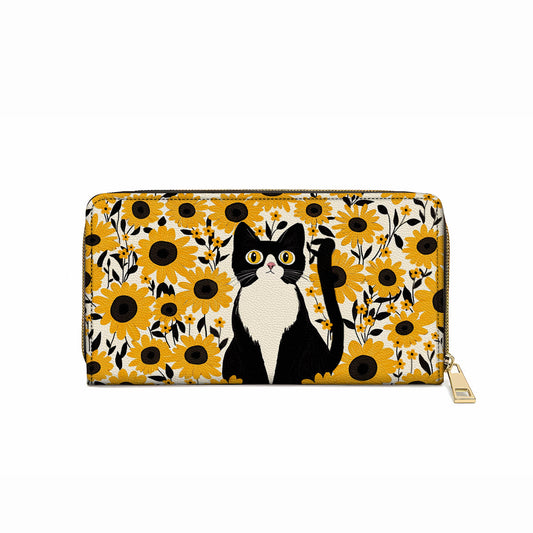  Leather Clutch Purse With Wristlet Strap Handle Leather Bag Cat In Sunflower Garden