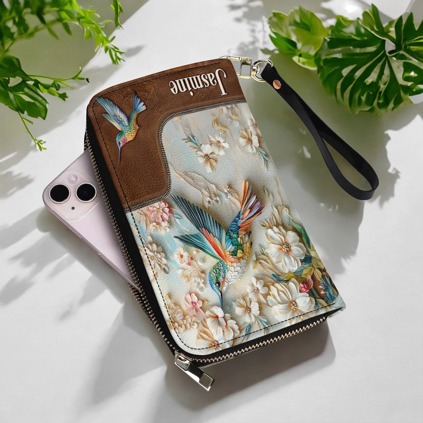  Leather Clutch Purse With Wristlet Strap Handle Personalized Wings of Bloom