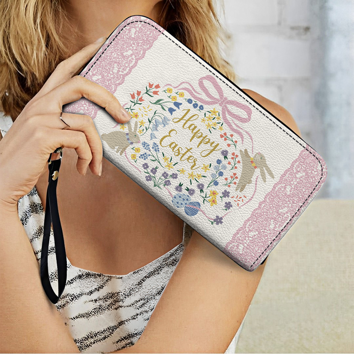  Leather Clutch Purse With Wristlet Strap Handle Easter Bliss