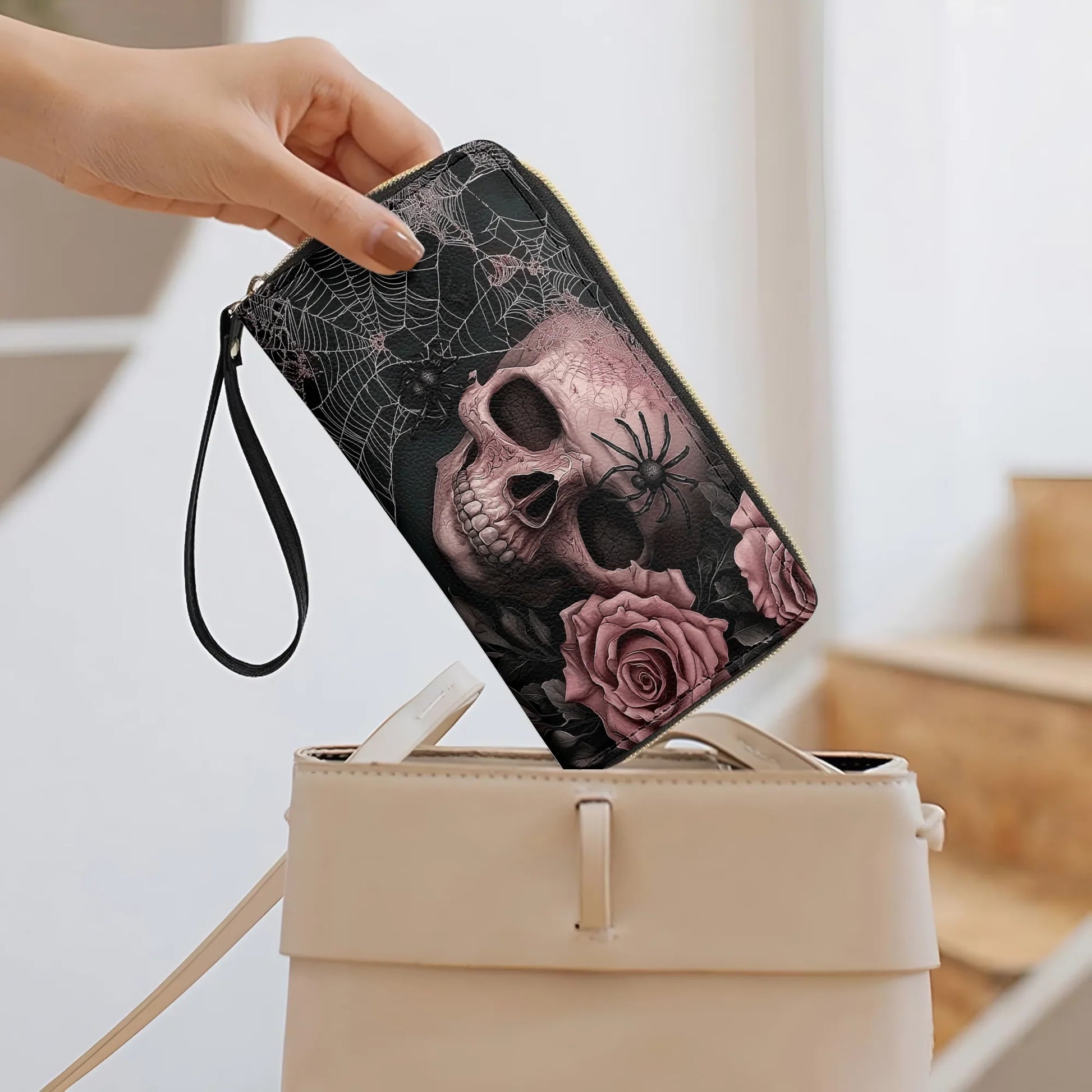  Leather Clutch Purse With Wristlet Strap Handle Eternal Bloom Skull