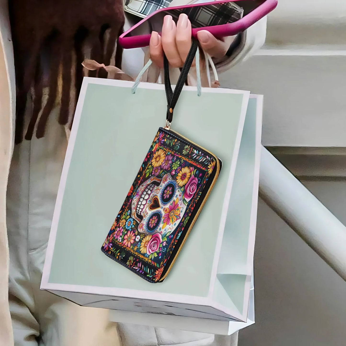  Leather Clutch Purse With Wristlet Strap Handle Calavera Floral Dreams