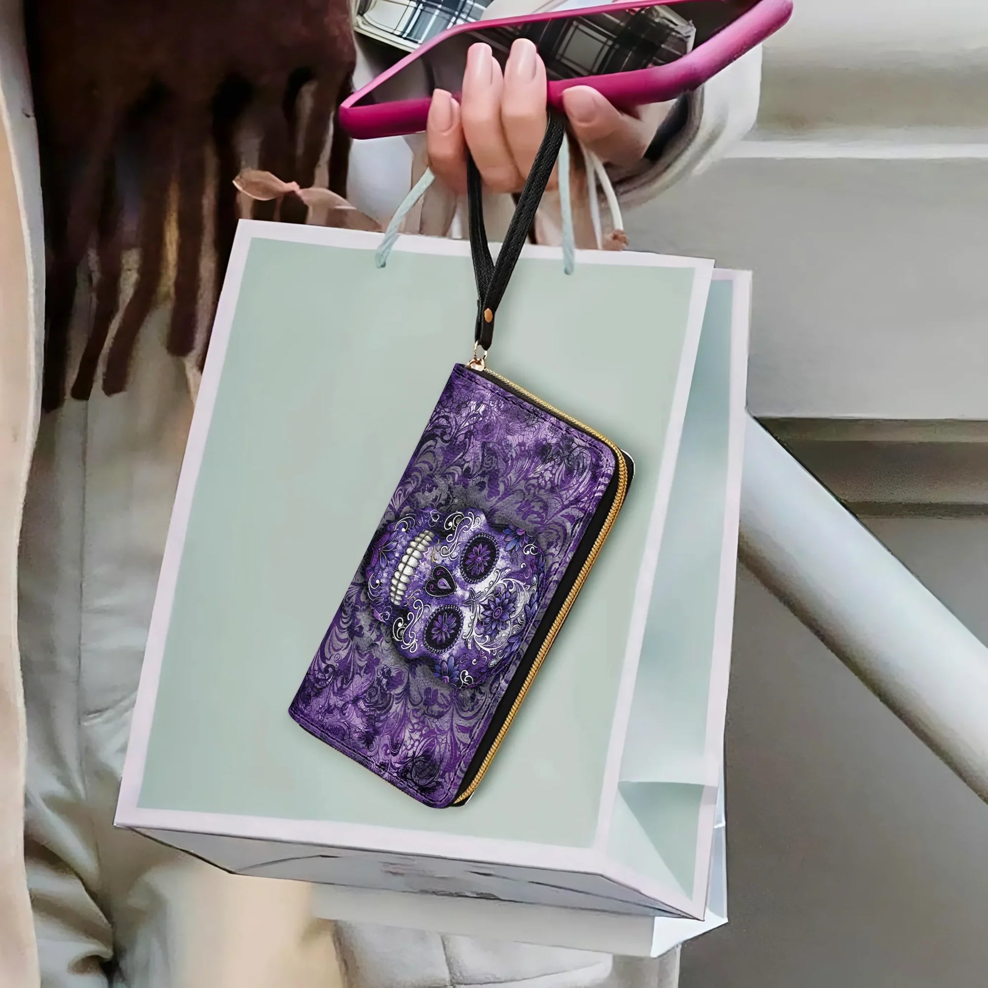  Leather Clutch Purse With Wristlet Strap Handle Gorgeous Mandala Skull