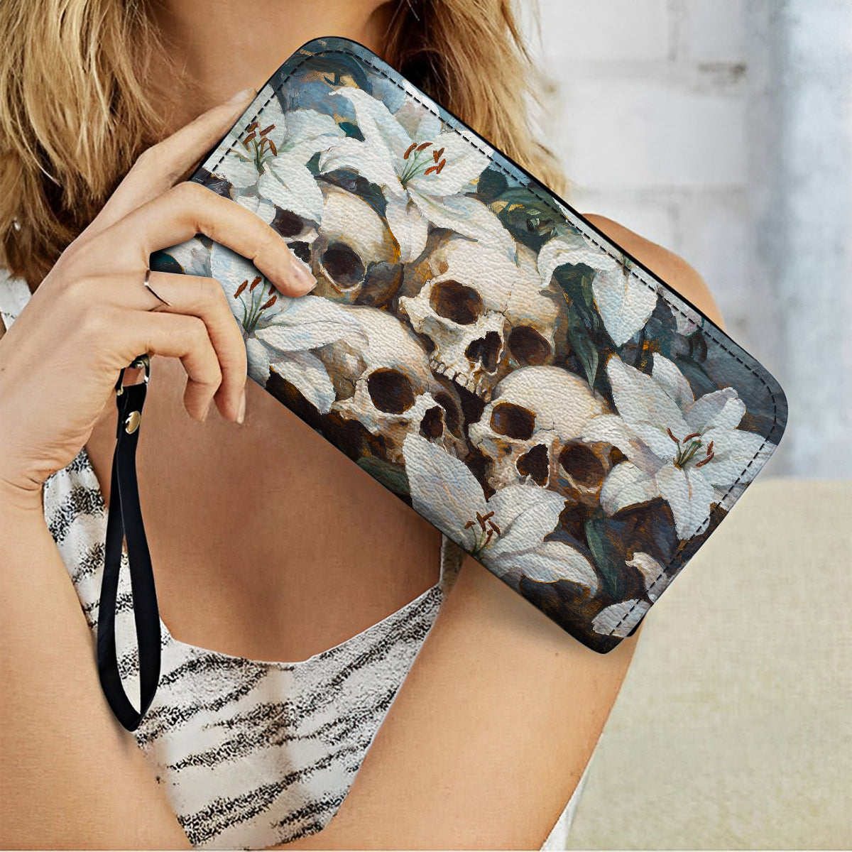  Leather Clutch Purse With Wristlet Strap Handle Mystic Skull & White Lilies