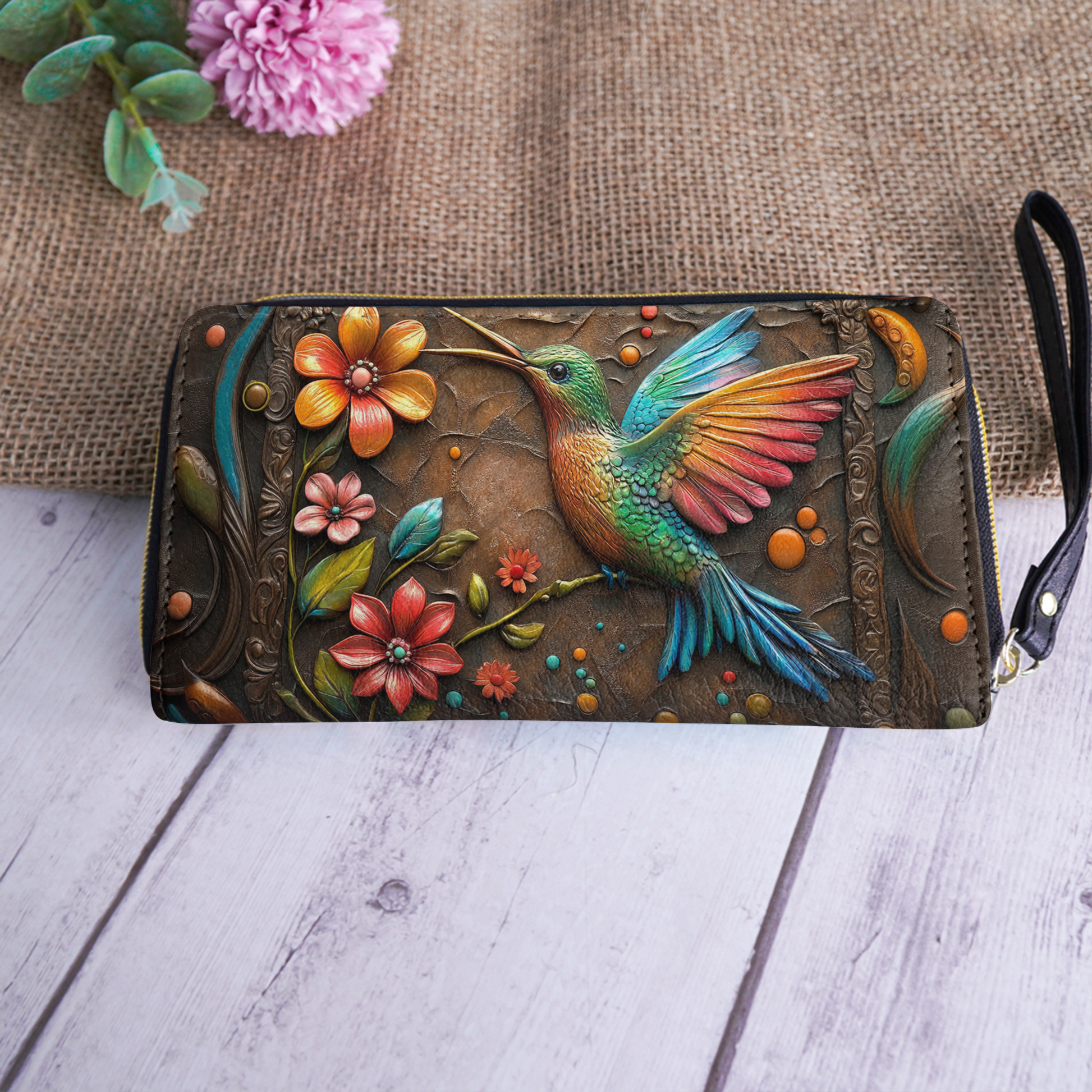  Leather Clutch Purse With Wristlet Strap Handle Hummingbird And Flower