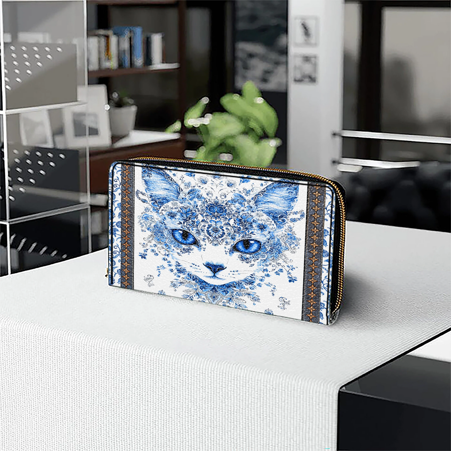  Leather Clutch Purse With Wristlet Strap Handle Blue Beauty Cat