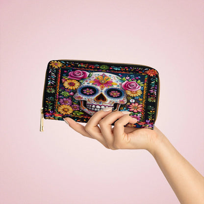  Leather Clutch Purse With Wristlet Strap Handle Calavera Floral Dreams
