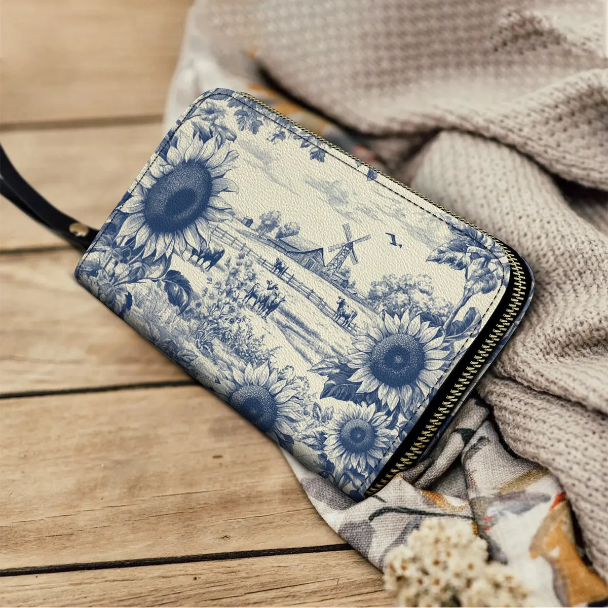  Leather Clutch Purse With Wristlet Strap Handle Sunflower Farm Breeze