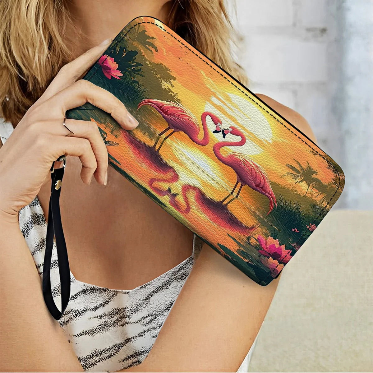  Leather Clutch Purse With Wristlet Strap Handle Flamingo Sunset Love